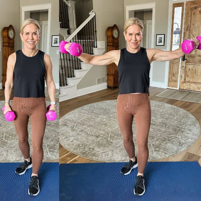 woman demonstrating lateral raises to bicep curls exercise