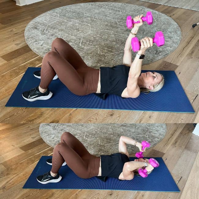 woman demonstrating tricep skull crushers exercises for toning arms