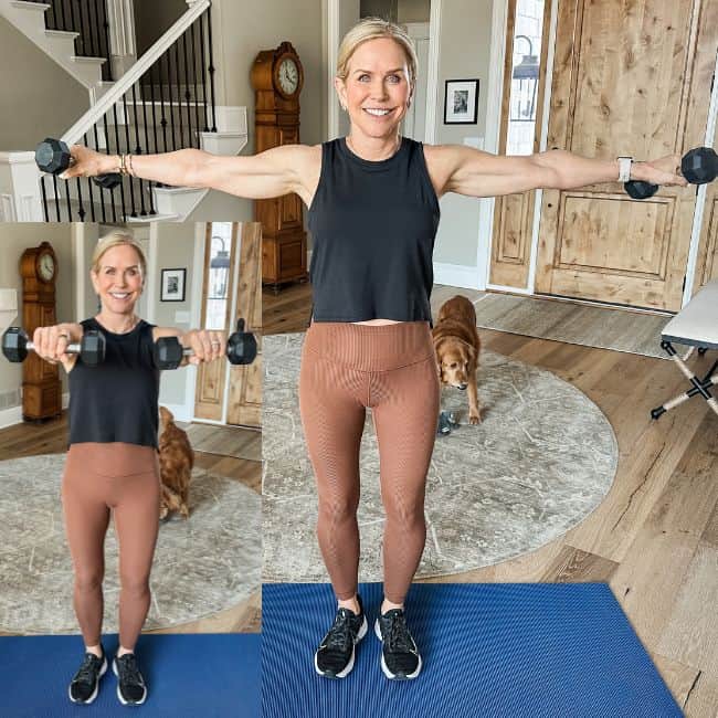 woman showing shoulder t exercise for toning arms without push ups